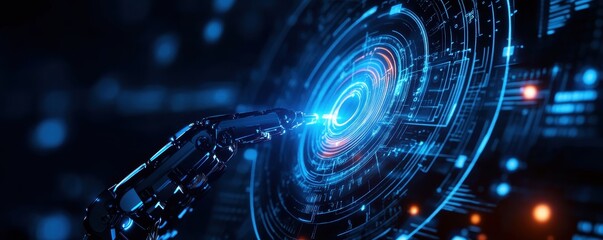 Futuristic robotic hand interacting with a glowing digital interface, symbolizing advanced technology and innovation.