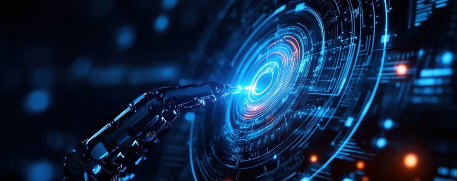 Futuristic robotic hand interacting with a glowing digital interface, symbolizing advanced technology and innovation.