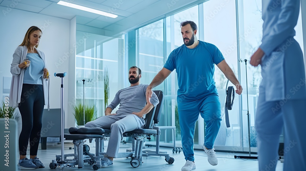 Wall mural a physical therapist assists a patient with exercises in a hospital room.