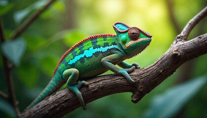 A colorful chameleon with vibrant green, blue, and red scales perched on a tree branch against a blurred green background