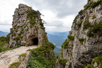 Hiking on Road of 52 Tunnels on the Pasubio massif in Veneto, Italy
