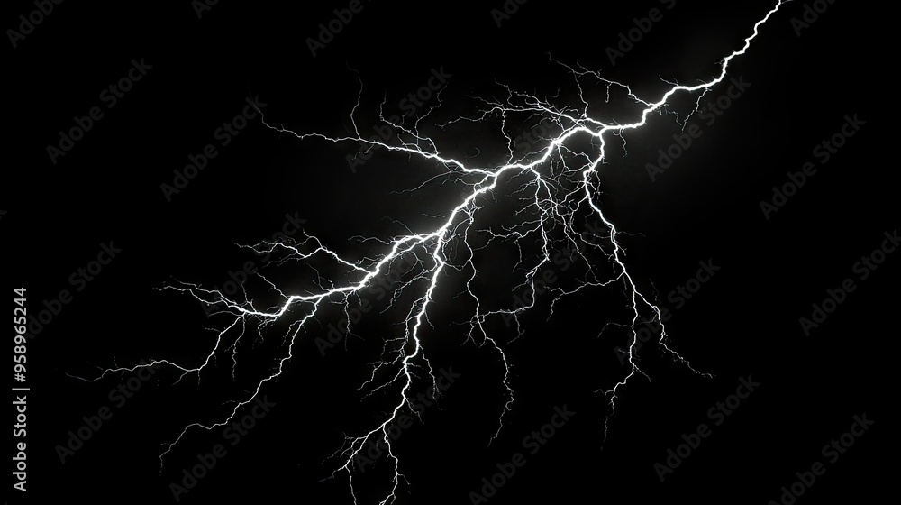 Poster striking image of a massive lightning bolt with branching arcs, set against a solid black background