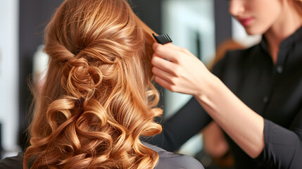 Fototapeta premium Hairdresser Styling Elegant Curls in a Salon