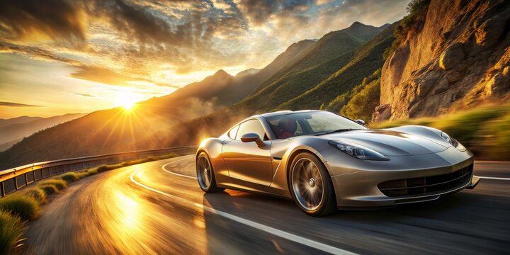 High-performance sports car speeding down a winding mountain road, golden sunlight casting a warm glow on the sleek,