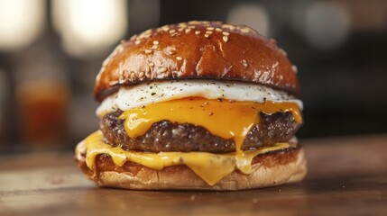 A cheeseburger with a fried egg on top, dripping yolk, creating a decadent and indulgent look.