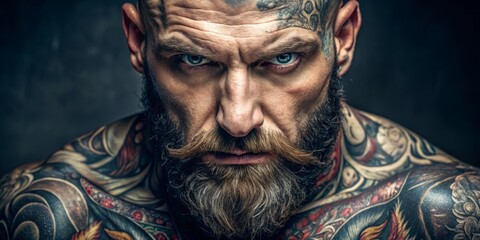 Intense, brooding close-up of a rugged, heavily tattooed individual with a bold, confident gaze, exuding raw power and