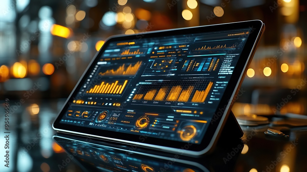 Poster futuristic tablet with sleek curved design displaying data interface