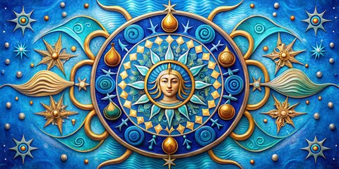 Fototapeta premium Intricately designed water bearer symbol, adorned with celestial elements, set against a vibrant blue background,