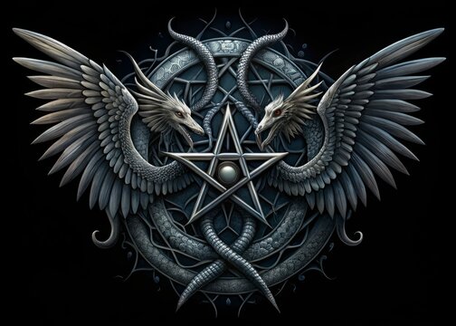 Intricately designed gothic-inspired illustration featuring a pair of wings, serpent, and inverted pentagram,