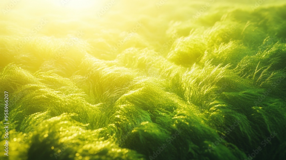 Poster A field of green grass with a bright sun shining on it