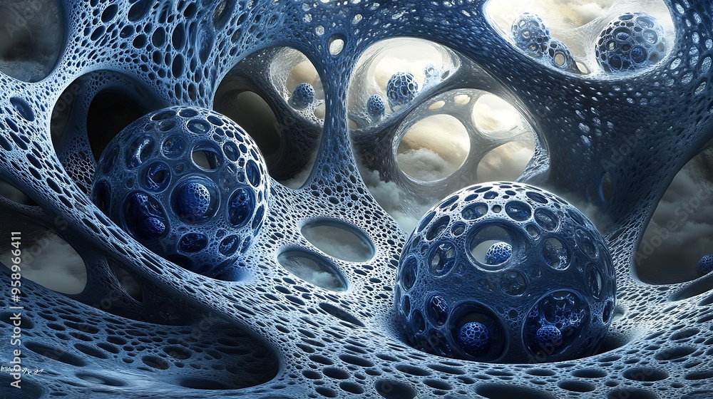 Poster abstract 3d render of a blue cellular structure with spheres