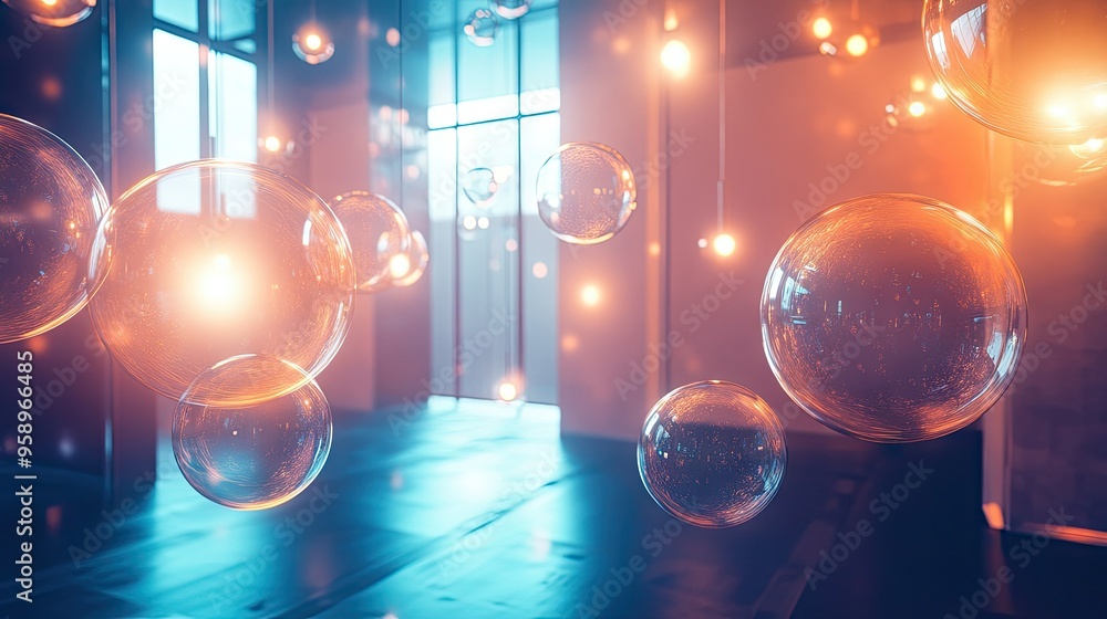 Poster stylish room with a collection of shiny chat bubbles floating and shimmering, ideal for illustrating