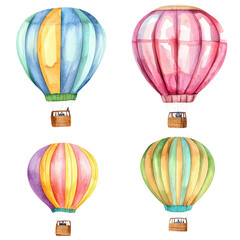Fototapeta premium Colorful watercolor hot air balloons in various shapes, perfect for travel and adventure-themed projects.