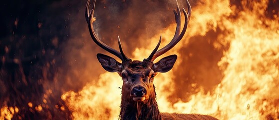 Close-up wild deer with antlers illuminated by blazing fire in a forest backdrop intense heat and powerful image
