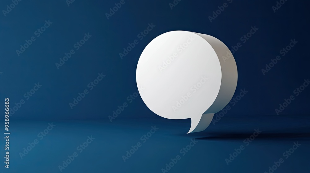 Poster stylized 3d white speech bubble with a deep blue background, creating a modern and clean visual for 
