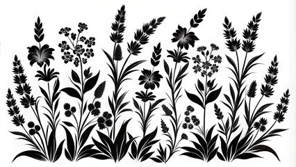 Minimalist black and white floral silhouette, elegant botanical arrangement, decorative design, with copy space