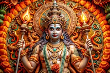 Obraz premium Majestic Hindu deity with snakes and trident, surrounded by intricate carvings and patterns, against a vibrant orange