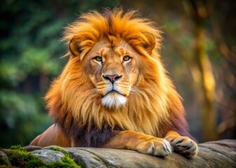 Obraz premium Majestic male lion lies resting in a naturalistic enclosure, whiskers and mane framing his regal face, with a