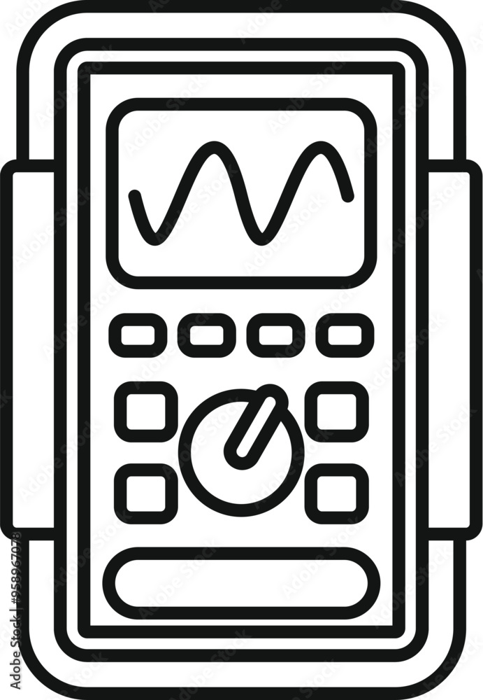 Poster digital oscilloscope displaying a sinus signal with control buttons and knob, line art vector illust