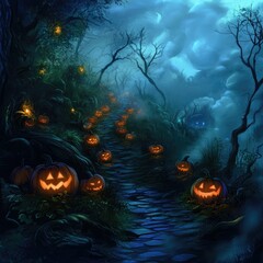 Enchanted Forest Trail at Night with Glowing Pumpkins and Ghostly Figures Amidst the Fog