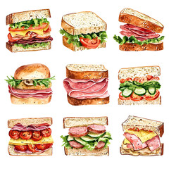 Delicious and colorful sandwich illustrations showcasing a variety of ingredients and styles for food lovers.