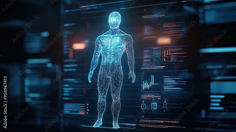 Poster futuristic ai-driven interface displaying human body analysis