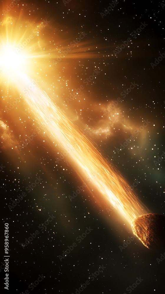 Poster realistic image of a comet approaching the sun with icy nucleus and gas trail in space background wi