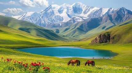 Fototapeta premium A stunning Xinjiang view, showcasing rolling snow-capped mountains, a clear lake in a green basin, grazing horses, and vibrant wildflowers