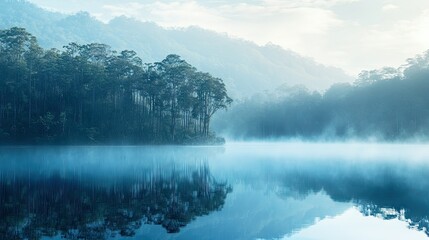 Tranquil blue mountain lake surrounded by trees, with mist rising in the early morning