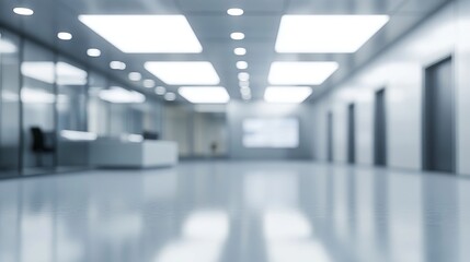 Obraz premium A modern, blurred office corridor with bright lighting and minimalistic design.