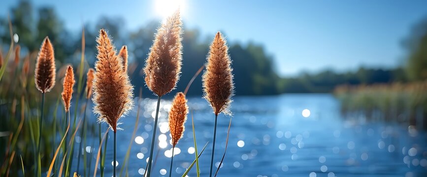 Sunlit cattails by a still blue lake.