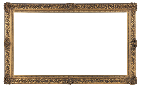 Golden wide picture frame on a transparent background, in PNG format.