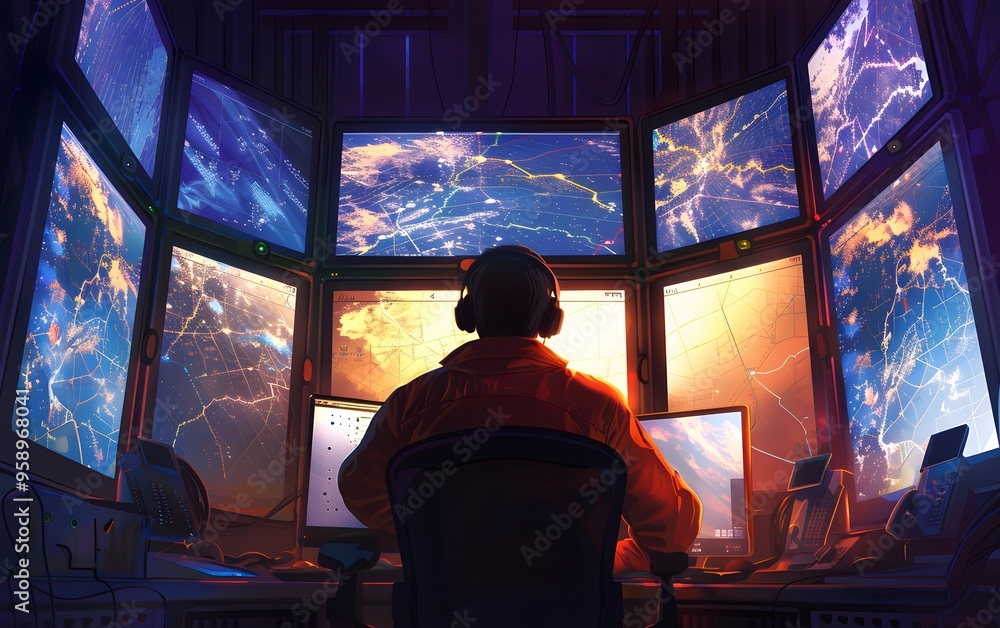 Poster a focused individual monitors multiple screens in a dark control room, showcasing advanced technolog