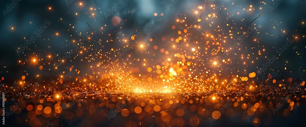 Poster abstract background with bokeh lights, sparkles and glowing dust particles, blue and orange color pa