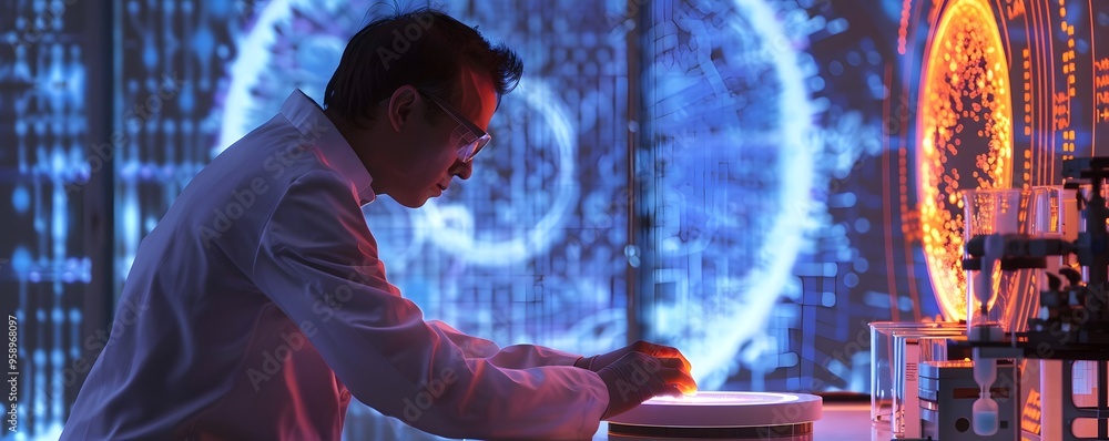 Aufkleber a focused scientist conducts experiments in a high-tech laboratory, surrounded by glowing data visua