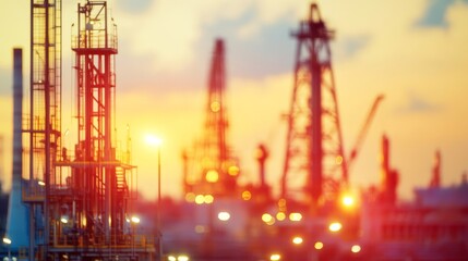 Obraz premium A blurred image of industrial structures at sunset, highlighting oil rigs and infrastructure in an industrial setting.