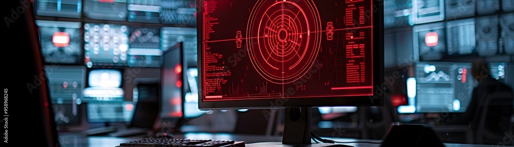 Poster a futuristic control room featuring a computer screen displaying advanced data analytics in a dark e