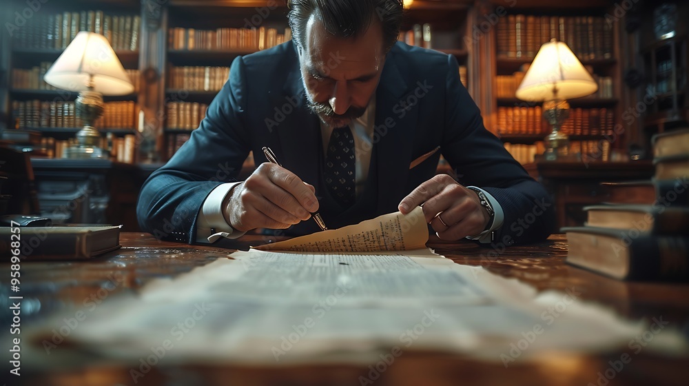 Poster a man in a suit sits at a desk in a library, writing on a scroll with a quill pen.