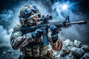 Fototapeta premium Professional soldier aiming rifle with night vision scope and flashlight, surrounded by artillery and military gear, in