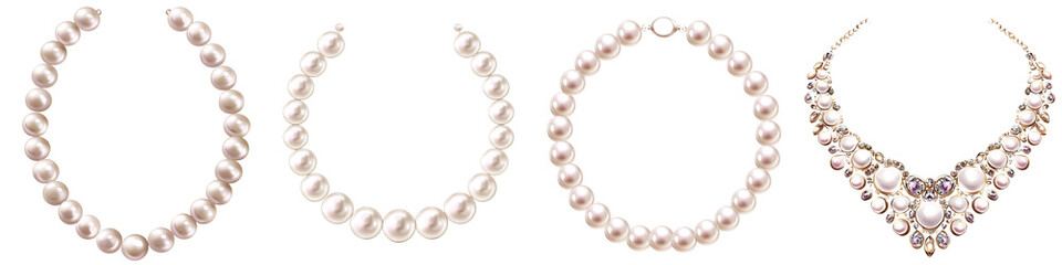 Obraz premium Elegant collection of pearl necklaces showcasing unique designs and styles, perfect for any formal occasion or fashion statement.