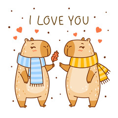 Cute сartoon capybaras couple with leaf isolated on white - funny animals for Your cozy autumn design