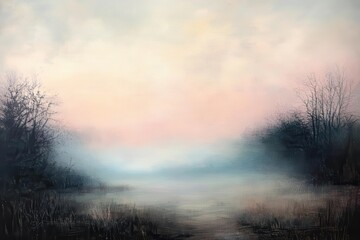 Fototapeta premium Misty Sunset Over a Calm Lake with Silhouette Trees
