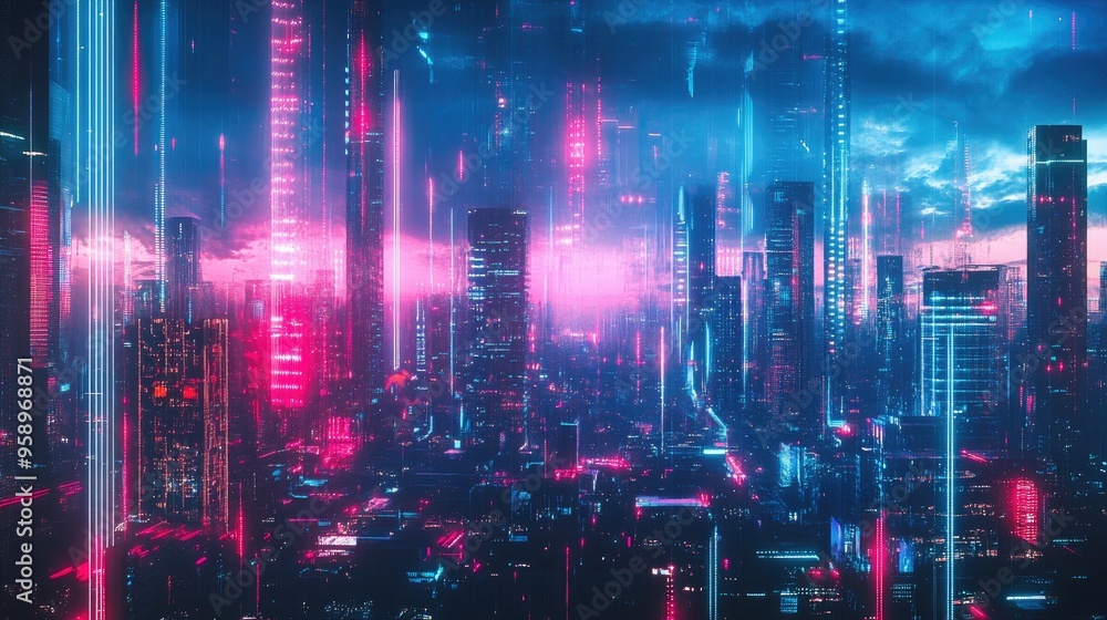 Poster urban architecture illuminated by neon lights with abstract digital effects, offering a panoramic vi