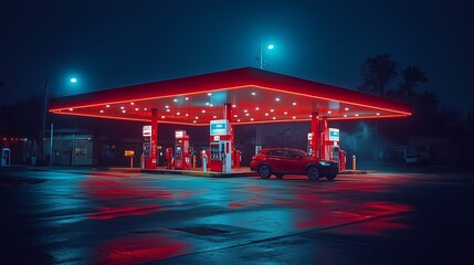 Brightly lit gas station at night with glowing signage and a parked car in a quiet urban setting during the late evening hours