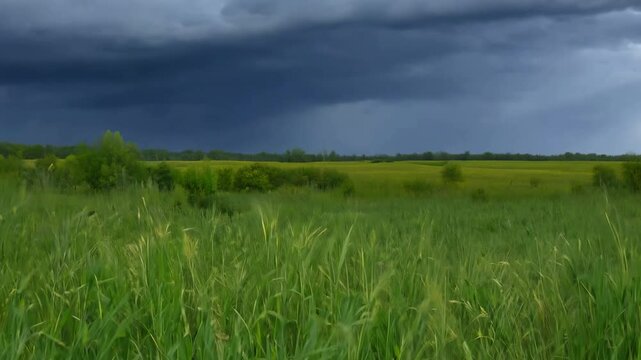 A field of swaying green grass during thunderstorm, deep blue sky with dark clouds. 