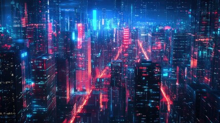 Fototapeta premium Urban architecture illuminated by neon lights with abstract digital effects, offering a panoramic view of a futuristic cityscape and technology.