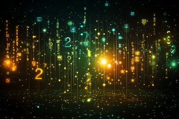 Fototapeta premium Abstract representation of probability and chance, flowing numbers and symbols, particle effects