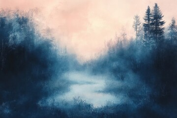 Fototapeta premium A Misty Forest Scene with Silhouettes of Trees and a Stream