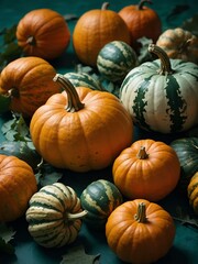 Harvest of Pumpkins, Gourds, and Leaves on a Mint Background
