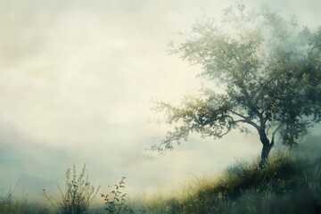 Solitary Tree in a Foggy Meadow